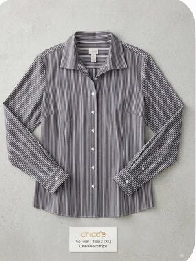 Chico's Charcoal and White Striped Button-Down Shirt Size 3 XL Women’s